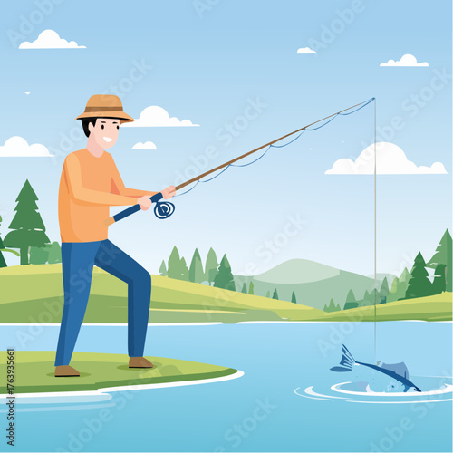 Un homme pêche dans un lac, bonne humeur, souriant, beau temps, nature