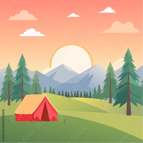 Camping sauvage, nature vierge, loisir, début du coucher du soleil, couleurs orangées
