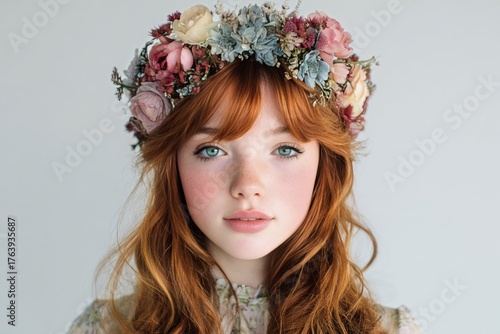 Young Girl With Red Hair and Floral Crown Posing Against a Light Background i...