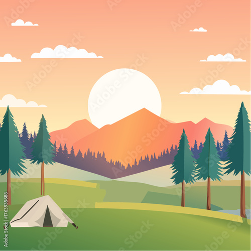 Camping sauvage, nature vierge, loisir, début du coucher du soleil, couleurs orangées