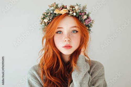 Young Girl With Red Hair and Floral Crown Posing Against a Light Background i...