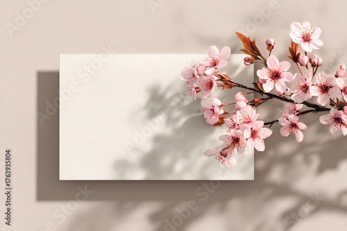 Beautiful Cherry Blossom Branch With Blank Card on Soft Pink Background