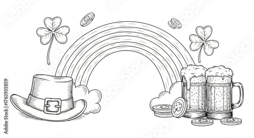 Saint patrick's day celebration: hat, beer mugs, clover, coins, and rainbow in sketch style