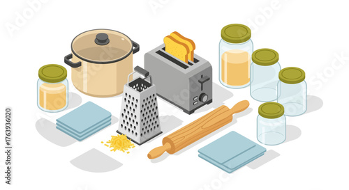 Kitchen essentials isometric design: toaster, grater, jars, and more in a modern cooking scene