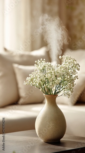 Elegant Bouquet With Steam Rising in a Cozy Living Room Setting