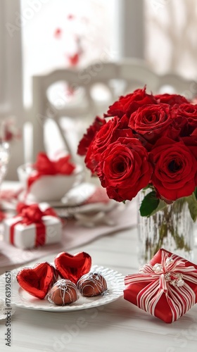 Romantic Table Setting With Roses, Sweets, and Gifts for a Special Celebration