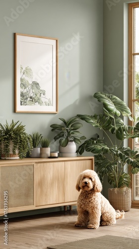 Beautiful Living Room With Plants and a Dog in Natural Light