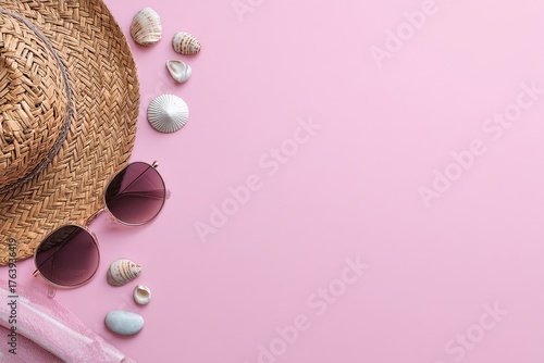 Summer Beach Essentials Including a Straw Hat, Sunglasses, and Seashells on a...
