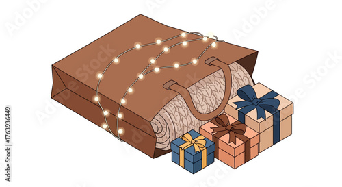 Cozy gift packages with decorative lights and blanket in a flat style