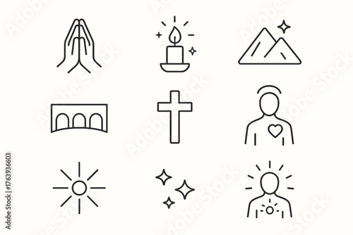 Faith and spiritual growth line icons — prayer, hope, light, and divine energy concept