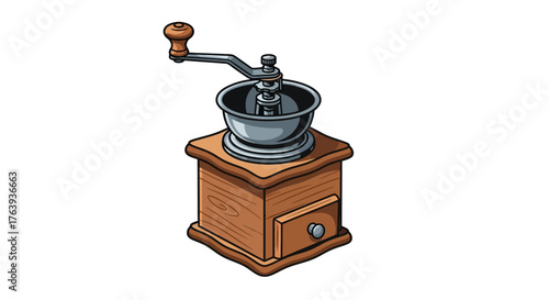 Vintage manual coffee grinder with wooden base and metal handle