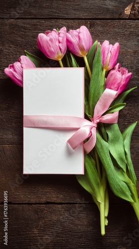 Beautiful Pink Tulips With Blank Card on Wooden Table for Special Greetings