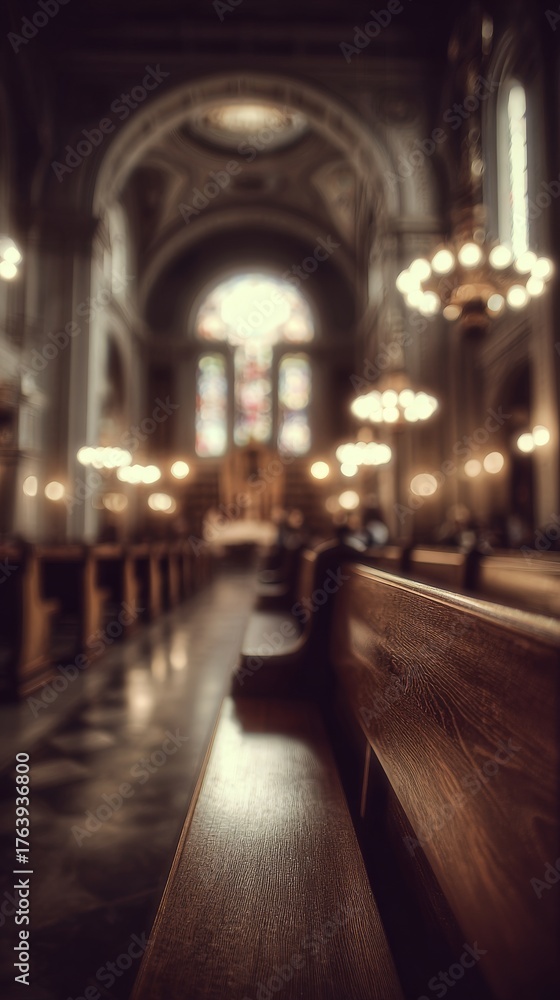 Obraz premium A Serene View of Church Pews With Soft Lighting and Stained Glass Windows During a Quiet Moment