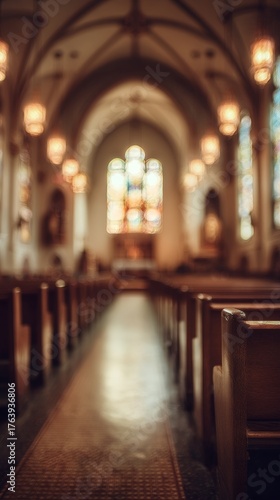 A Serene View of Church Pews With Soft Lighting and Stained Glass Windows Dur...