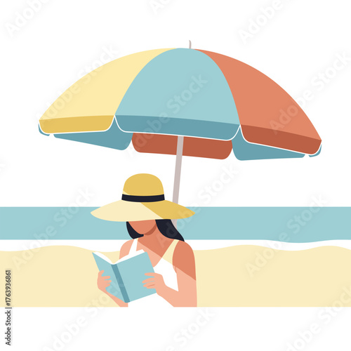 Woman Reading a Book Under a Colorful Umbrella on the Beach