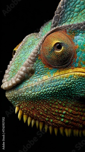 Colorful Chameleon Close-Up Showcasing Detailed Scales and Unique Textures