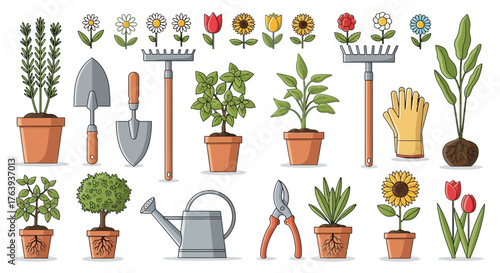 Colorful garden tools with flowers and plants in flat cartoon style