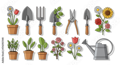 Gardening tools and plants set with flat floral elements