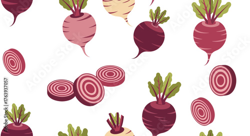 Colorful pattern of beets on white background with green leaves
