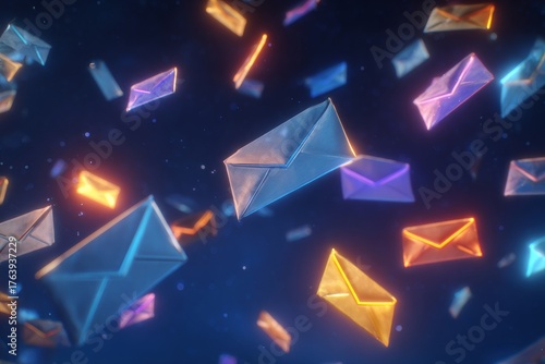 Floating Envelopes in a Dreamy, Cosmic Background With Glowing Lights and a S...