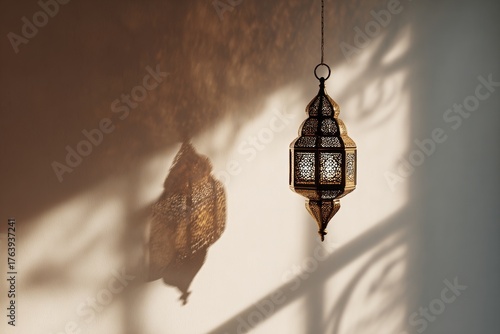 Intricate Lantern Casting Shadow on Wall in Quiet Room During Golden Hour