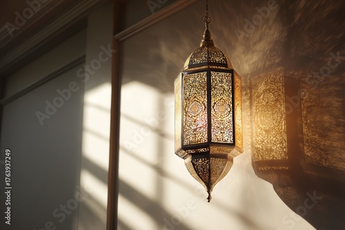 Intricate Lantern Casting Shadow on Wall in Quiet Room During Golden Hour