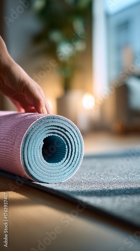 Yoga Mat Preparation for a Calming Indoor Exercise Session in a Serene Space