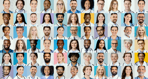 A vibrant collage features a diverse group of healthcare professionals smiling confidently.