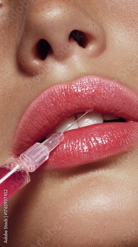 Close-up View of a Woman Preparing for a Lip Enhancement Treatment in a Beaut...