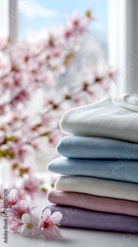 Soft Textiles and Blooming Flowers Complement Each Other by a Window on a Sun...