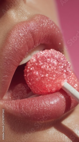 Bright Pink Lips Enjoying a Sparkling Candy Lollipop Close up With a Vibrant ...