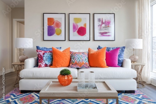 Bright and Colorful Living Room Decor Featuring Vibrant Cushions and Artworks...