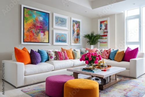 Modern Living Room With Colorful Pillows and Vibrant Wall Art in a Cozy Setting