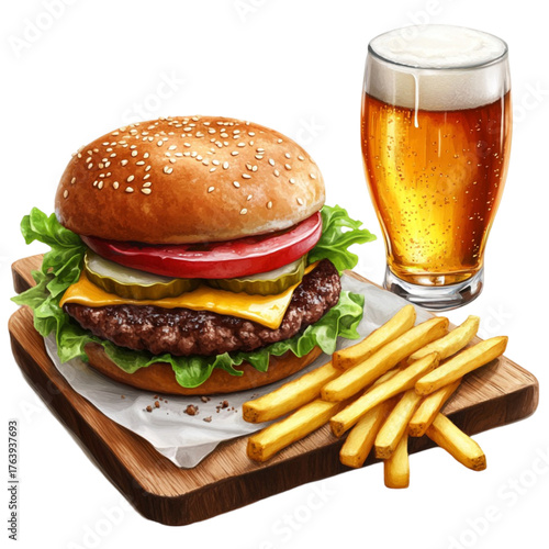 burger with fries and beer  without background, isolated