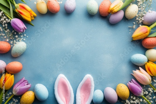 Colorful Spring Celebration With Easter Eggs and Flowers in a Cheerful Arrang...
