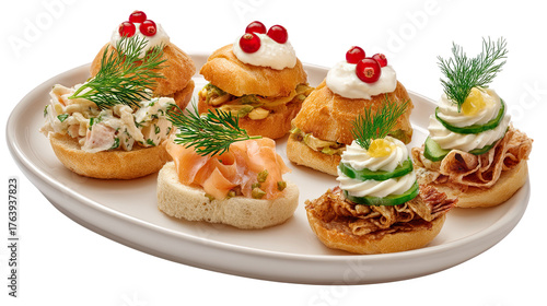 Festive canapés and mini sandwiches on plate, transparent background