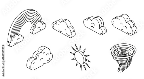 Weather icons collection: outline style with clouds, rainbow, sun, and tornado elements