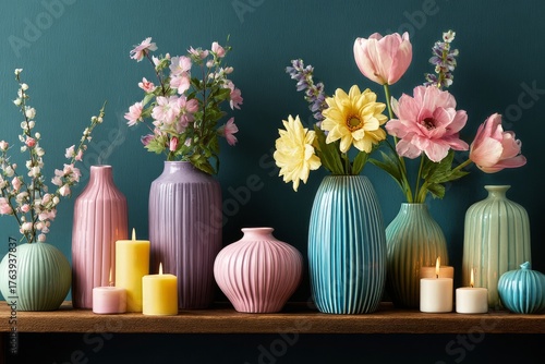 Colorful Flower Vases and Candles Arranged on Wooden Shelf Against a Dark Blu...