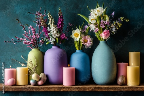 Colorful Flower Vases and Candles Arranged on Wooden Shelf Against a Dark Blu...