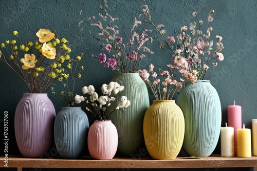 Decorative Vases With Flowers and Candles Arranged on a Wooden Shelf in a Coz...
