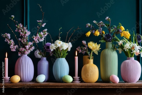 Decorative Vases With Flowers and Candles Arranged on a Wooden Shelf in a Coz...