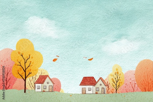 Charming Autumn Landscape With Cozy Houses and Colorful Trees in a Serene Set...