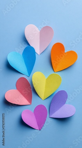 Colorful Paper Hearts Arranged on a Blue Background for Creative Decoration o...
