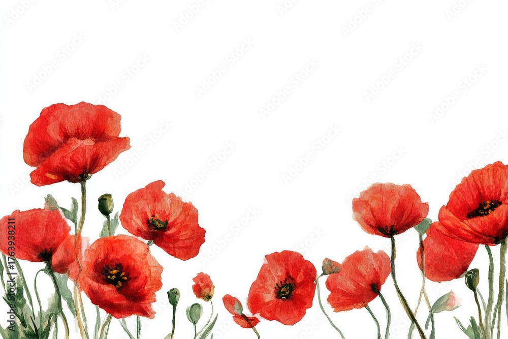 Obraz premium Bright Red Poppies in a Soft Watercolor Style Against a White Background