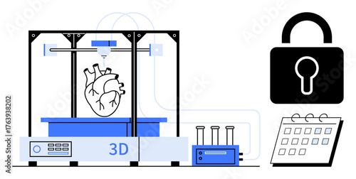 3D printer creating a human heart model, adjacent to a security lock icon and a calendar. Ideal for technology, health innovation, data security, future medicine, scheduling, organ research, simple