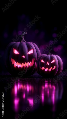 Glowing Purple Jack-o'-Lanterns in a Dark Halloween Forest
