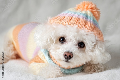 Cute White Poodle Wearing a Colorful Knitted Hat and Sweater Indoors