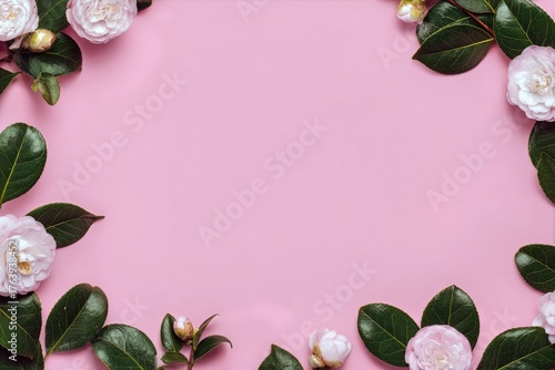 Beautiful Camellia Flowers and Green Leaves Arranged on a Pink Background for...