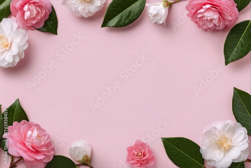 Beautiful Camellia Flowers and Green Leaves Arranged on a Pink Background for...