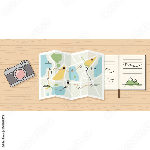 Detailed Vacation Map and Travel Mementos on Wooden Desk